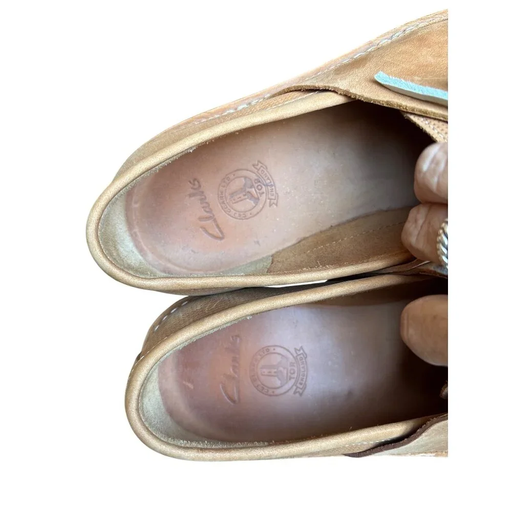 Clarks Mens Shoe Size 12 Grafted Sail Durable Boat Tan Leather Loafers Laces EUC